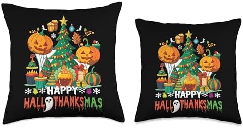 Happy Hallothanksmas Thanksgiving Halloween Merry Christmas Throw Pillow - Image 3