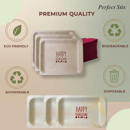 Perfect Stix Thanksgiving Plates and Napkins Set, 25 Large 10-Inch and 25 Small 7-Inch Wooden Plates with 50 Burgundy 2-Ply Dinner Napkins - Image 3