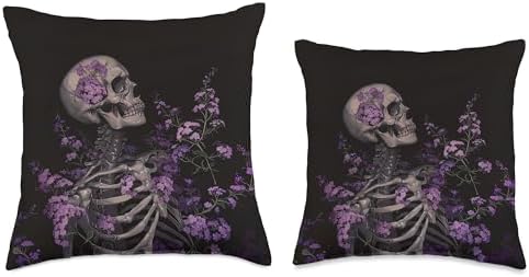 Gothic Skeleton Purple Flower Goth Grunge Halloween Skull Throw Pillow