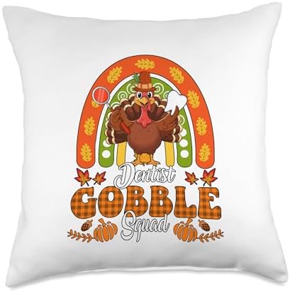 Dentist Gobble Squad Thanksgiving Turkey Fall Rainbow Throw Pillow by Unknown