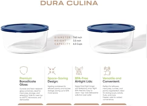 4-Piece Glass Food Storage Containers Set (2 Containers + 2 BPA-Free Lids) | 6.5-Cup, Leakproof | Microwave, Freezer, Oven & Dishwasher Safe | Ideal for Meal Prep & Pantry Organization, Blue