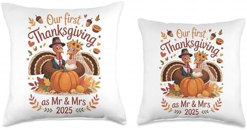 Our First Thanksgiving as Mr and Mrs 2025 Turkey Newlywed Throw Pillow - Image 3
