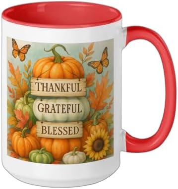Thankful Grateful Blessed - Fall Pumpkin Family Thanksgiving Ceramic Mug, Red/White, 15oz - Image 2