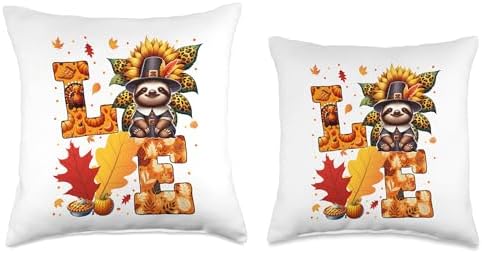LOVE Thanksgiving Sloth Costume Fall Leaves Sunflower Throw Pillow - Image 3