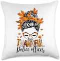 One Thankful Police Officer Messy Bun Fall Thanksgiving Cops Throw Pillow by Unknown