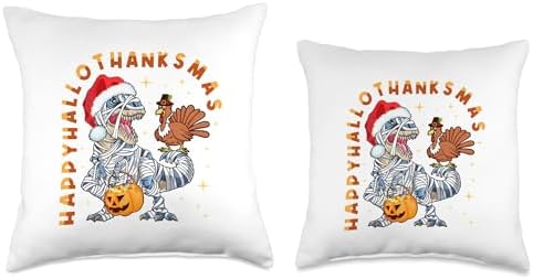 Happy Hallothanksmas T-rex Tees Happy Hallothanksmas Funny Halloween Thanksgiving Christmas Throw Pillow, 18x18, Multicolor - Image 3