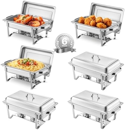 VEVOR Chafing Dish Buffet Set, 8 Qt 6 Pack, Stainless Steel Chafer with 6 Full Size Pans, Rectangle Catering Warmer Server with Lid Water Pan Stand Fuel Holder, for Weddings Parties Banquets, Silver by VEVOR