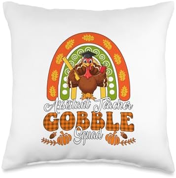 Assistant Teacher Gobble Squad Thanksgiving Turkey Rainbow Throw Pillow by Unknown