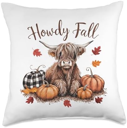 Howdy Fall Highland Cow Happy Thanksgiving Autumn Vibes Fall Throw Pillow by Unknown