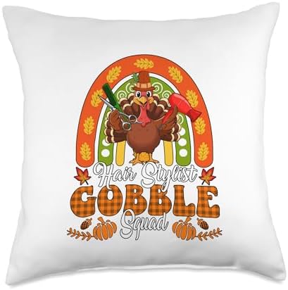 Hair Stylist Gobble Squad Thanksgiving Turkey Fall Rainbow Throw Pillow by Unknown