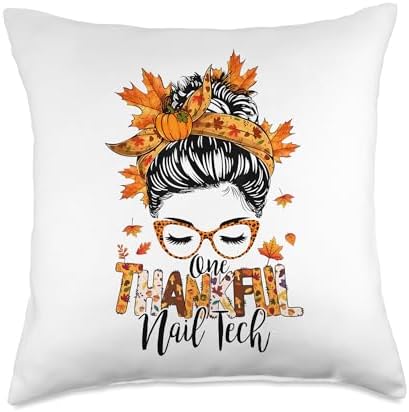 One Thankful Nail Tech Messy Bun Thanksgiving Manicurist Throw Pillow by Unknown