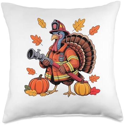 Firefighter Job Thanksgiving Turkey Fall Leaves Pumpkins Throw Pillow by Unknown