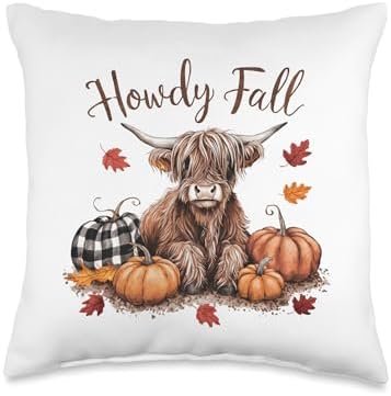 Howdy Fall Highland Cow Happy Thanksgiving Autumn Vibes Fall Throw Pillow by Unknown