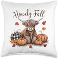 Howdy Fall Highland Cow Happy Thanksgiving Autumn Vibes Fall Throw Pillow by Unknown