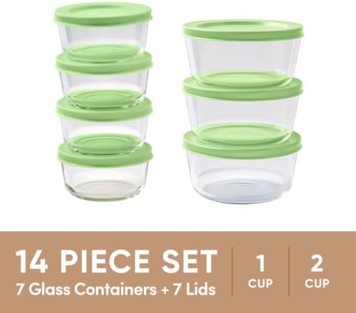 14-Piece Glass Food Storage Containers Set (7 Containers + 7 BPA-Free Lids) | 1-Cup & 2-Cup, Leakproof | Microwave, Freezer, Oven & Dishwasher Safe | Ideal for Meal Prep & Pantry Organization, green