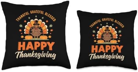 Thankful Grateful Blessed Turkey Cute Thanksgiving Women Men Throw Pillow - Image 3