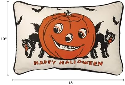 Primitives by Kathy Retro-Inspired Halloween Throw Pillow, 15 x 10-Inch, Vintage-Inspired Cotton Pillow from Our Halloween Collection/Happy Halloween Front Sentiment/Jack-O'Lantern/Black cat Design