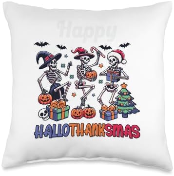 halloween thanksgiving christmas hallothanksmas Skeletons Throw Pillow by Unknown