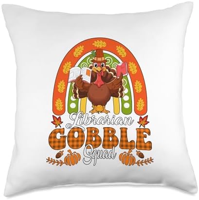 Librarian Gobble Squad Thanksgiving Turkey Fall Rainbow Throw Pillow by Unknown