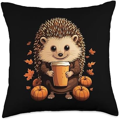Hedgehog Porcupine Pumpkin Spice Latte Autumn Halloween Throw Pillow by Unknown