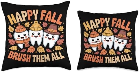 Happy Fall Brush Them All Teeth Dentist Thanksgiving Design Throw Pillow - Image 3