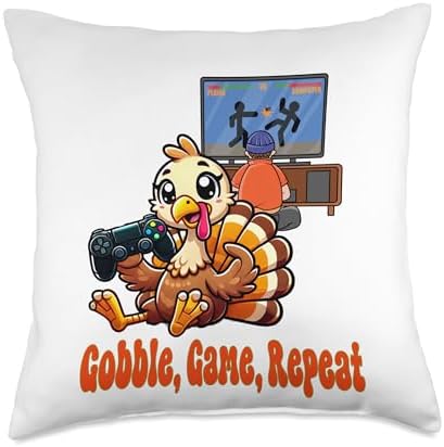 Gobble, Game, Repeat, Gamer Thanksgiving Turkey Throw Pillow by Unknown