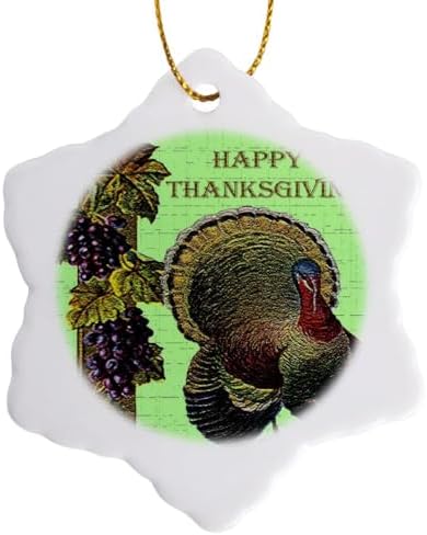 3dRose Vintage Happy Thanksgiving 3 inch Snowflake Porcelain Ornament by 3dRose