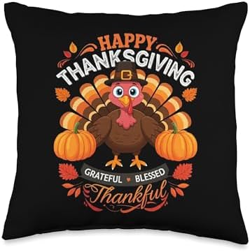 Happy Thanksgiving Turkey Grateful Blessed Grateful Throw Pillow by Unknown