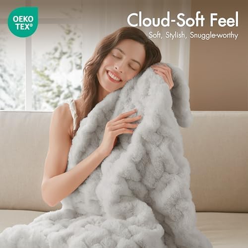 Madison Park Ruched Fur Throw Faux Fur Blanket, 50" x 60", Silver Grey | Luxury, Premium, Soft Cozy Brushed Long Pile, All Season Plush Modern OEKO- TEX Certification Warm For Bed, Couch or Sofa