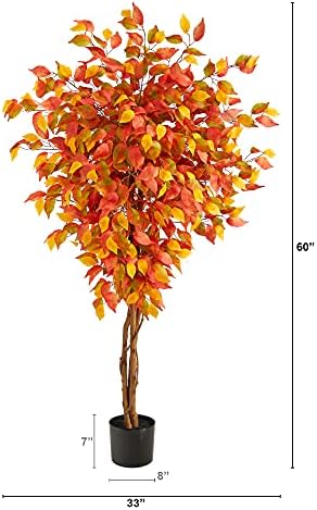 Nearly Natural 5ft Autumn Ficus Artificial Fall Tree in Black Nursery Pot - Image 2