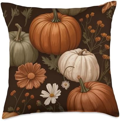 Vintage Autumn Flower Fall Pumpkin Thanksgiving Fall Themed Throw Pillow by Unknown
