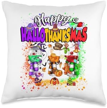 Happy Hallothanksmas Glass Halloween Thanksgiving Christmas Throw Pillow by Unknown