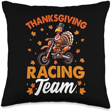 Thanksgiving Racing Team Funny Turkey Riding Dirt Bike Biker Throw Pillow by Unknown