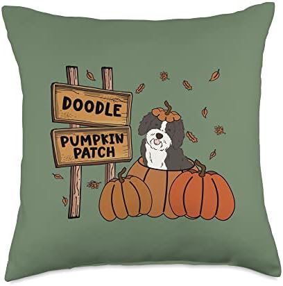 Sheepadoodle Pumpkin Patch Dog Lovers Thanksgiving Halloween Throw Pillow by Unknown