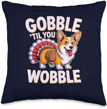 Funny Gobble Til You Wobble Corgi Turkey Thanksgiving Humor Throw Pillow by Unknown