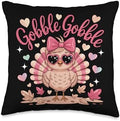Cute Gobble Turkey Day Pink Bow Thanksgiving Women Kids Throw Pillow by Unknown