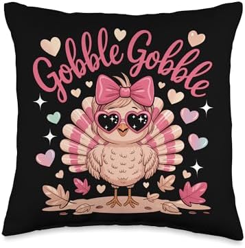 Cute Gobble Turkey Day Pink Bow Thanksgiving Women Kids Throw Pillow by Unknown