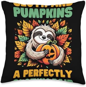 Autumn Sloths and Pumpkins Autumn Thanksgiving Halloween Throw Pillow by Unknown