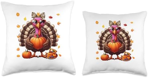 Turkey Wearing Leopard Bowtie Thanksgiving Fall Pumpkin Pie Throw Pillow - Image 3