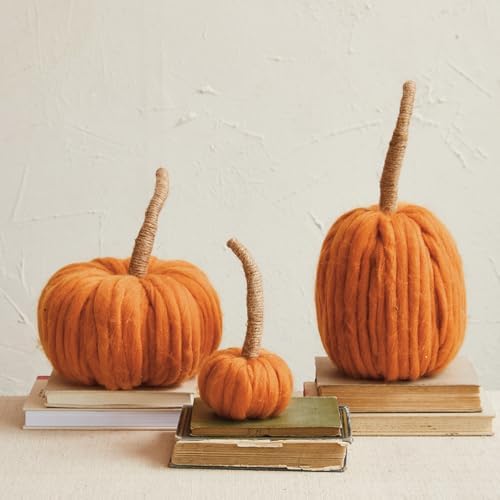 Creative Co-Op Wide Wool Pumpkin with Jute Wrapped Stem, Orange - Image 3