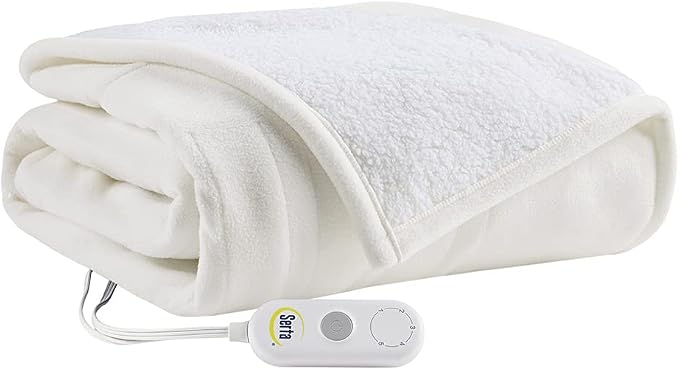 Serta Heated Electric Throw - Reversible Fleece Heating Blanket,Creme White | Dual-Layer Heated Throw Blanket With 5 Heat Settings & Auto Shut Off, Machine Washable, ETL Certified