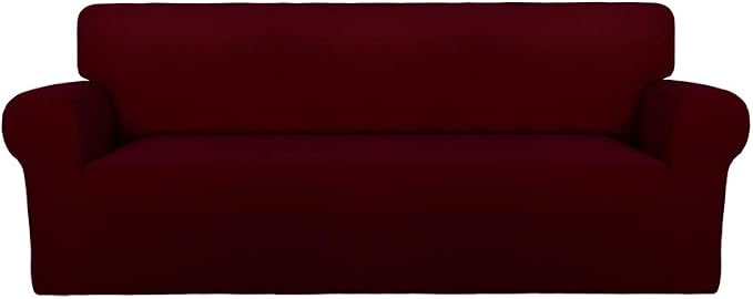 PureFit Stretch Oversized Couch Covers Fleece Sofa Slipcovers Wine | 1-Piece Sofa Cover Washable Soft Couch Protector, Couch Slipcover with Non Skid Foam and Elastic Bottom for Kids, Dogs