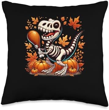 Funny Dino Thanksgiving Skeleton with Turkey Leg and Pumpkin Throw Pillow by Unknown