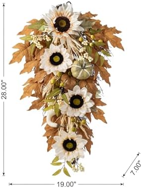Glitzhome Neutral Fall Swag, 28 Inch Farmhouse Door Hanging with Beige Sunflowers & Pumpkins, Rattan Porch Decor for Thanksgiving - Image 4