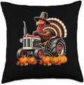 Turkey Driving Tractor Thanksgiving Driver Fall Pumpkins Throw Pillow by Unknown
