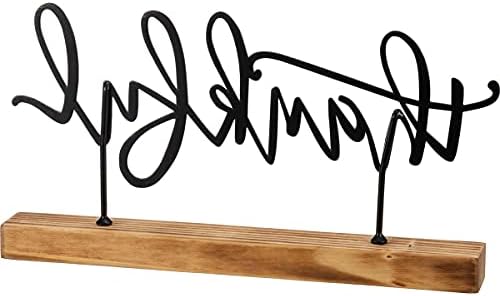 Primitives by Kathy Decorative Sitter, from our Fall & Harvest Collection featuring a metal sign boasting an inspirational word standing on a natural wood base. Hand lettered "Thankful" sentiment is perfect for everyday and seasonal use. - Image 2