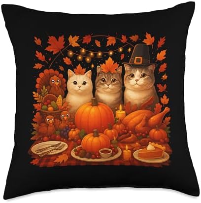 Fall Thanksgiving Cats Dinner Feast Vintage Fall Home Decor Throw Pillow by Unknown
