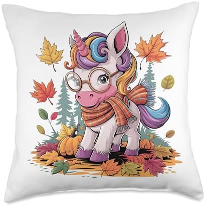 Cute Autumn Unicorn Pumpkin Fall Leaves Thanksgiving Throw Pillow by Unknown