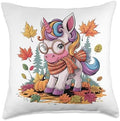Cute Autumn Unicorn Pumpkin Fall Leaves Thanksgiving Throw Pillow by Unknown