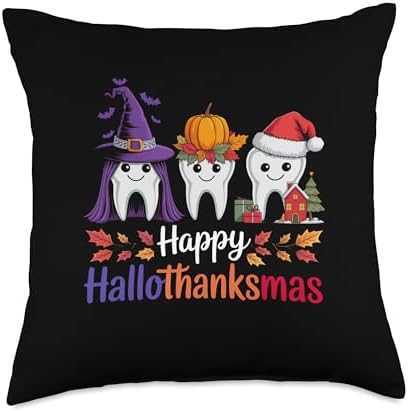 Happy Hallothanksmas Cute Dental Halloween Thanksgiving Xmas Throw Pillow by Unknown